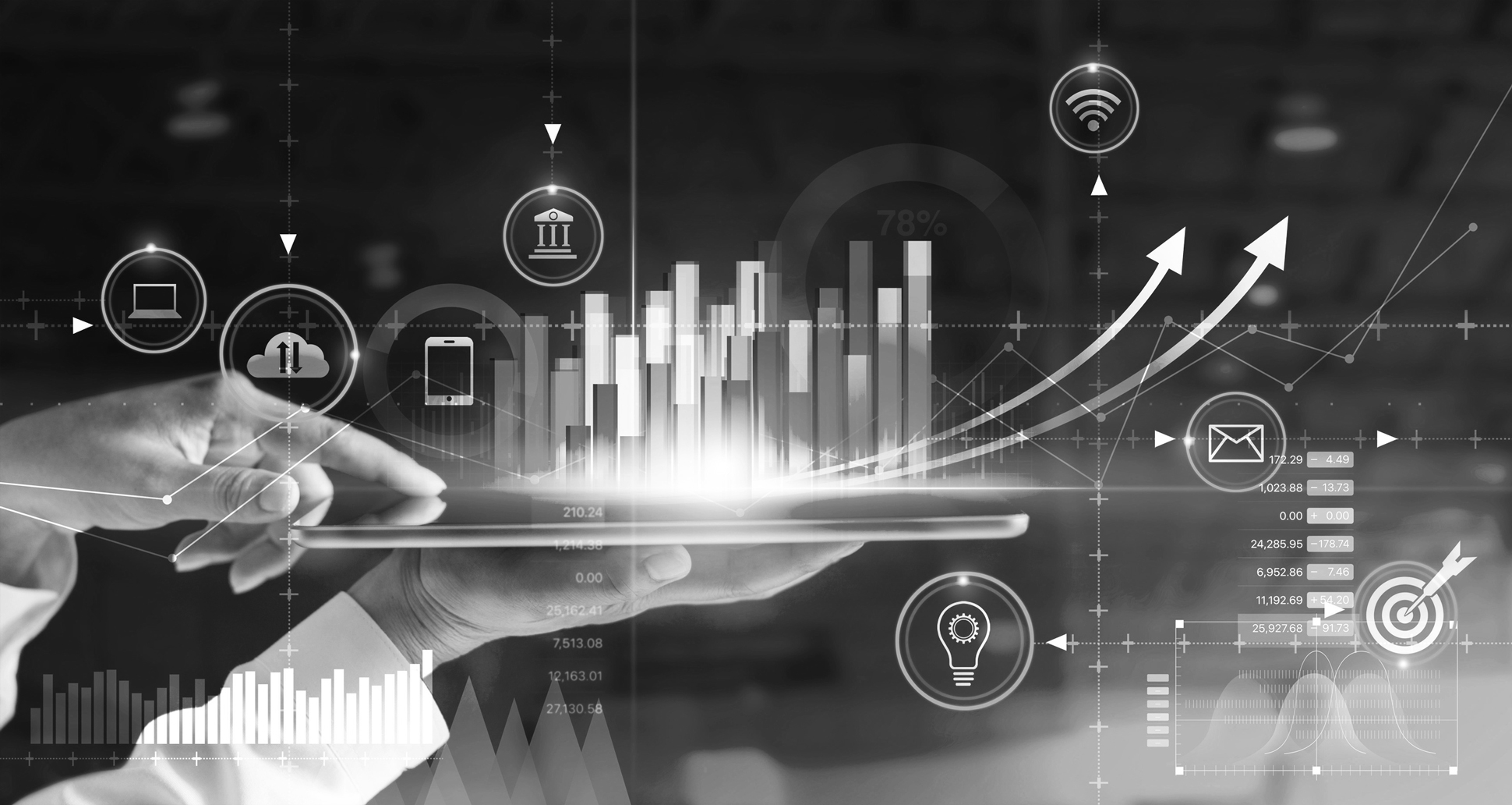 Fund of funds hero image of hand holding tablet with overlay of graphs with black and white filter
