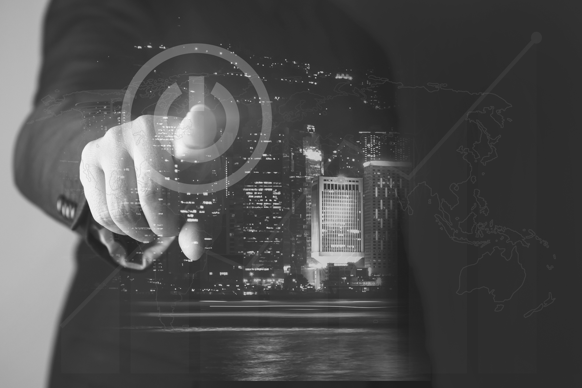 Venture capital fund hero image of cityscape background and person clicking standby button overlay